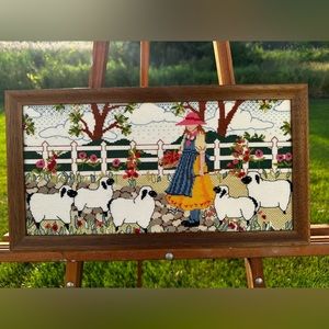 SOLD Little Bow Peep Framed Needle Point Art